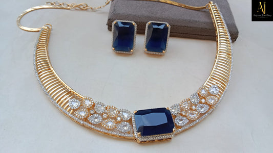 Emerald Green & Sapphire Blue Statement Necklace Set | Gold Plated Party Wear Jewellery
