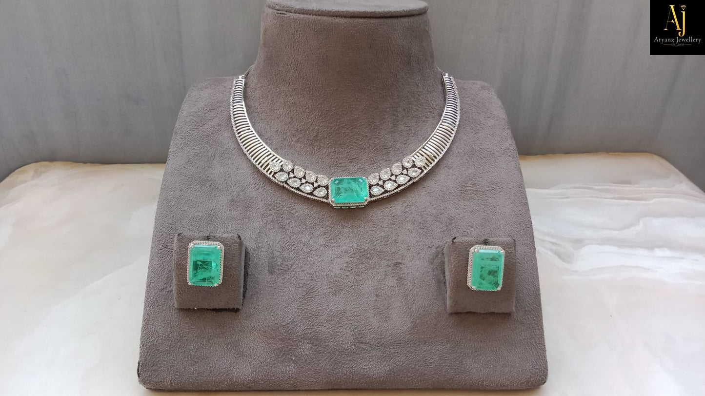 Luxury Emerald Green & Sapphire Blue Statement Necklace Set | Gold Plated Party Wear Jewellery