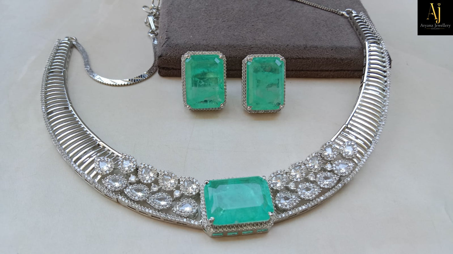 Luxury Emerald Green & Sapphire Blue Statement Necklace Set | Gold Plated Party Wear Jewellery