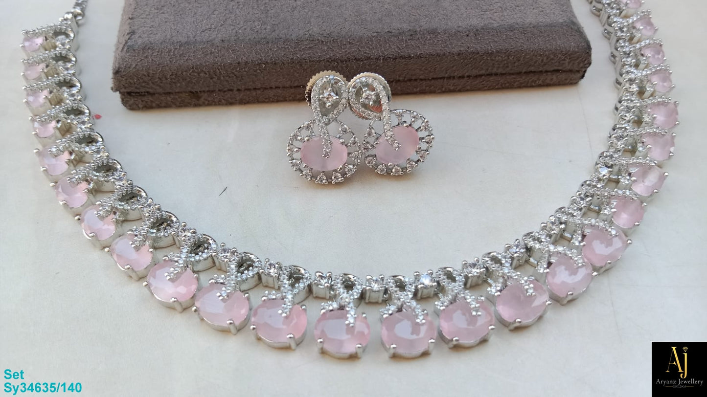 Luxury Blush Pink American Diamond Necklace Set | Rhodium Plated Bridal & Party Wear Jewellery