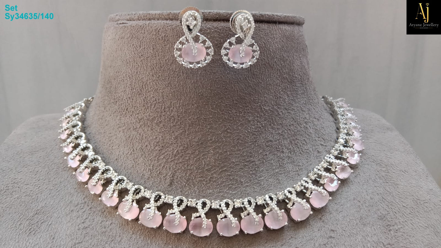 Luxury Blush Pink American Diamond Necklace Set | Rhodium Plated Bridal & Party Wear Jewellery