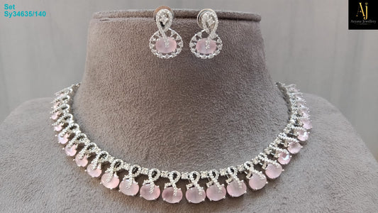 Luxury Blush Pink American Diamond Necklace Set | Rhodium Plated Bridal & Party Wear Jewellery