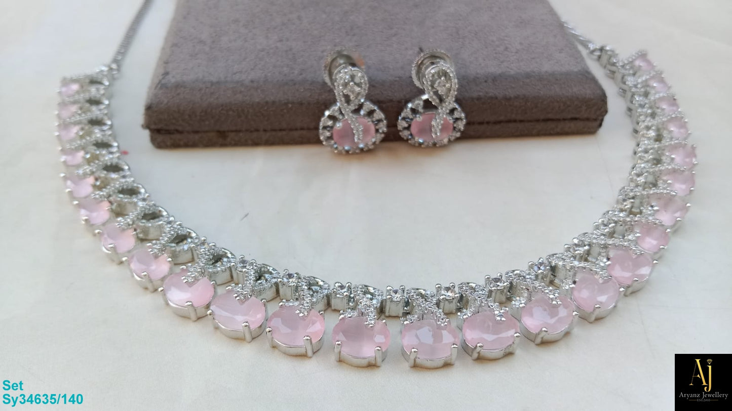 Luxury Blush Pink American Diamond Necklace Set | Rhodium Plated Bridal & Party Wear Jewellery