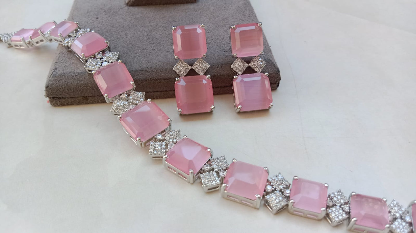 Luxury Blush Pink American Diamond Necklace Set | Rhodium Plated Designer Bridal & Party Wear Jewellery