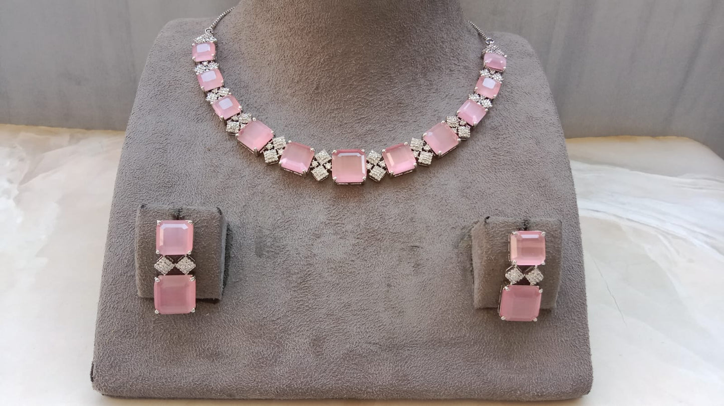 Luxury Blush Pink American Diamond Necklace Set | Rhodium Plated Designer Bridal & Party Wear Jewellery