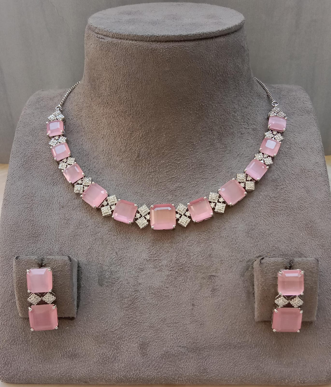 Luxury Blush Pink American Diamond Necklace Set | Rhodium Plated Designer Bridal & Party Wear Jewellery