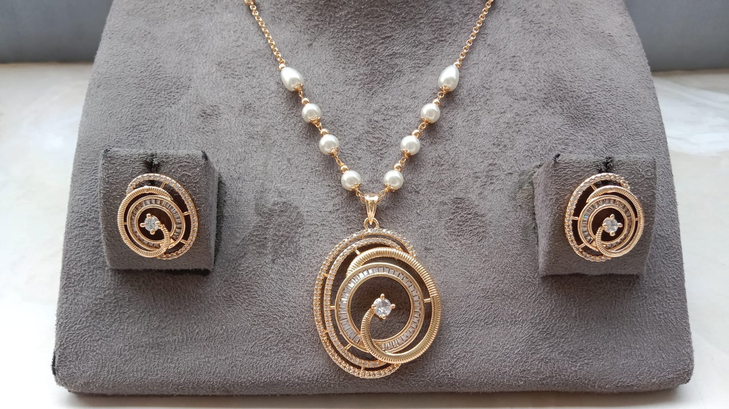 Gold Plated AD Pendant Set with Matching Earrings – Elegant Designer Jewellery Set