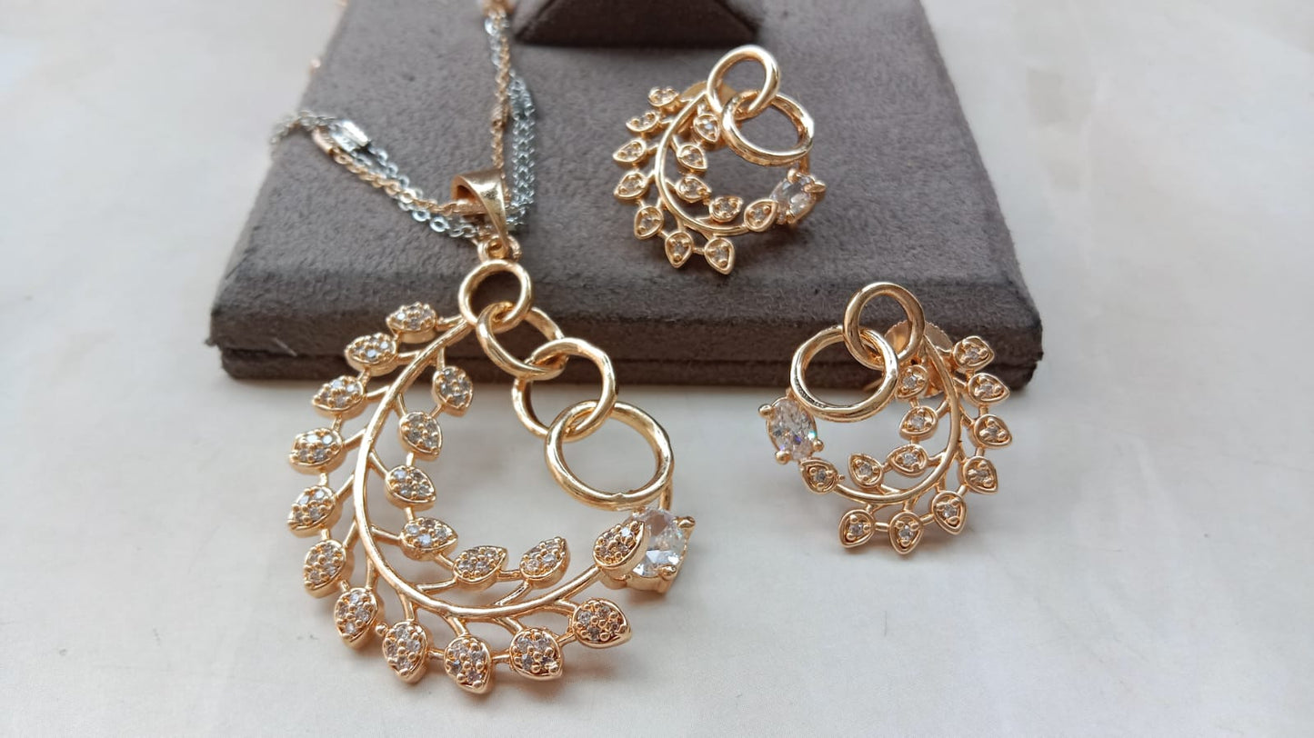 Gold Plated AD Leaf Pendant Set with Matching Earrings – Elegant Designer Jewellery  Product Description