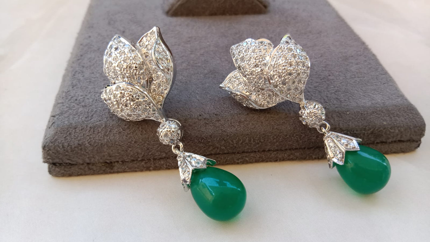 Luxury AD Floral Rodium Plated Green Drop Earrings | Bridal Party Wear Statement Indian Jewellery