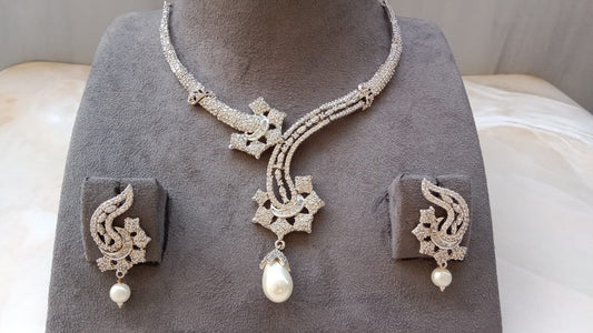 Rhodium Necklce set with pearl drop