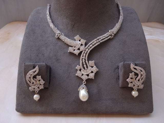 Rhodium Necklce set with pearl drop